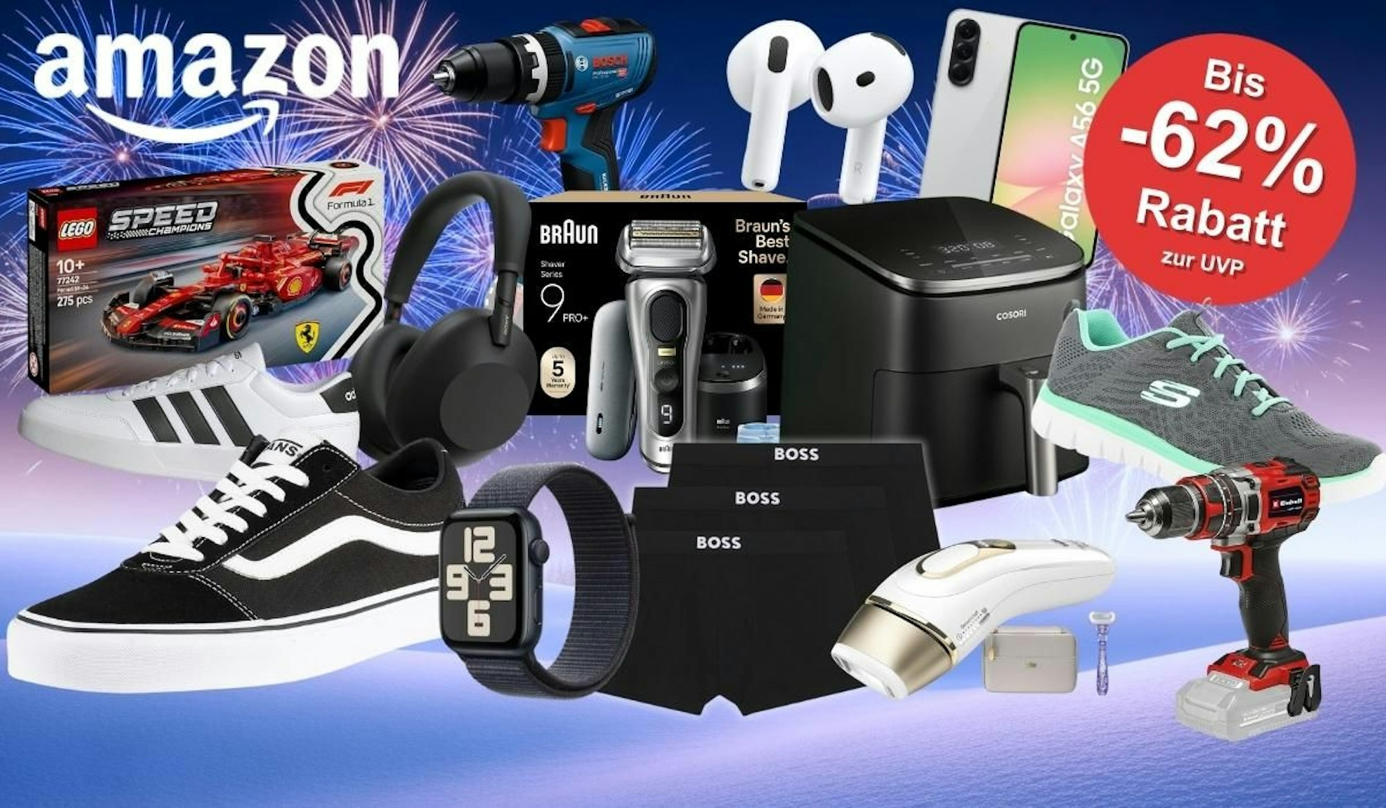 Produkte vor einem kalten, bläulichen und winterlichen verschneiten Hintergrund. Produkte Einhell Akkuschrauber, Skechers Sneaker, Bosch Professional Akkubohrschrauber, Apple AirPods 4, Lego Formel 1 Ferrari, Sony WH-1000XM6 Kopfhörer, Boss Boxershorts, Vans Sneaker, Adidas Sneaker, Samsung Galaxy A56 Smartphone, Cosori Airfryer, Braun Rasierer.