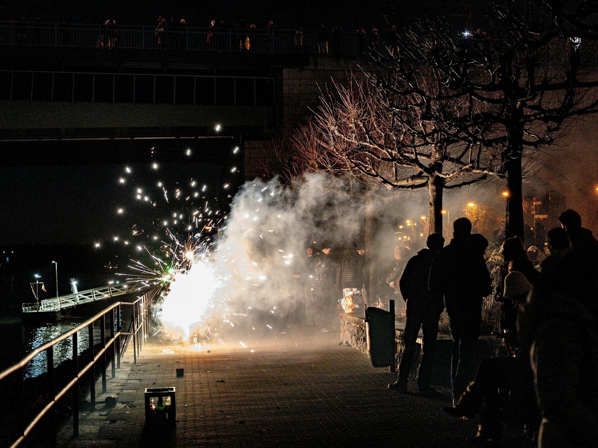 Feiernde zünden Feuerwerk in der Silvesternacht am Rheinufer an der Kennedybrücke.