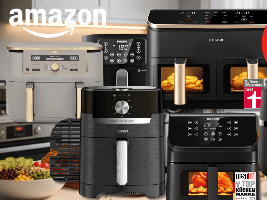 Verschiedene Airfryer von Cosori, Tefal, Ninja und Philips vor einem Küchen Hintergrund.