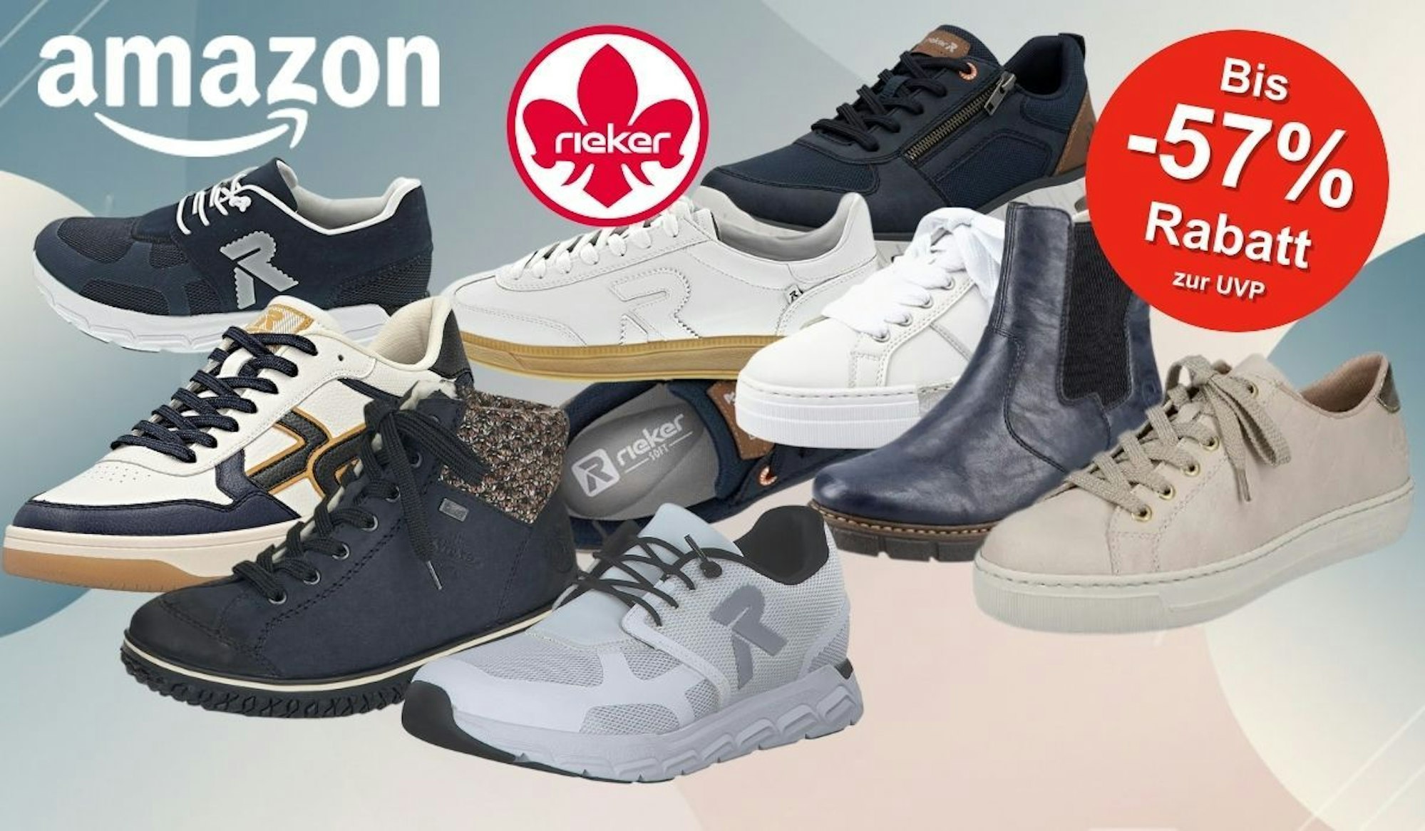 Unterschiedliche Modelle und Designs der Sneaker von Rieker vor einem Hintergrund mit leicht farbigen Formen.