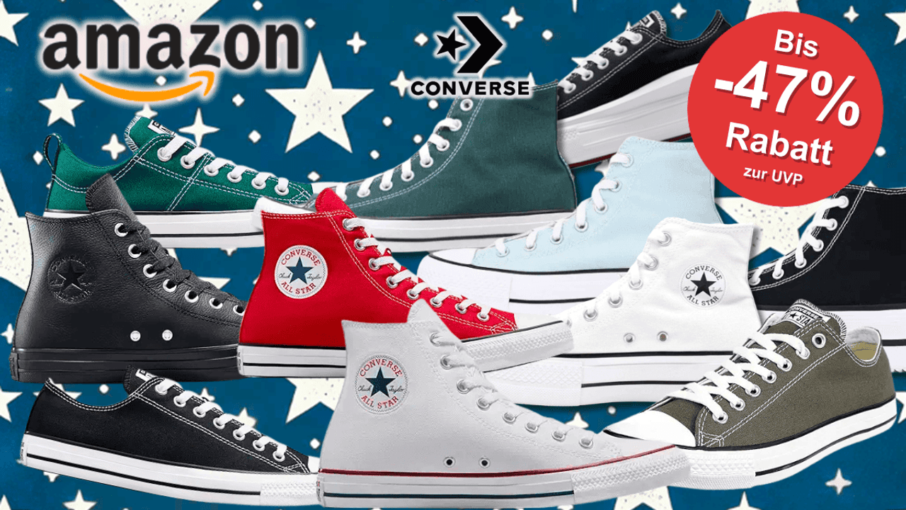 Chuck Taylor All Stars in Verschiedenen Farben und Modellen vor einem Hintergrund mit Sternen.