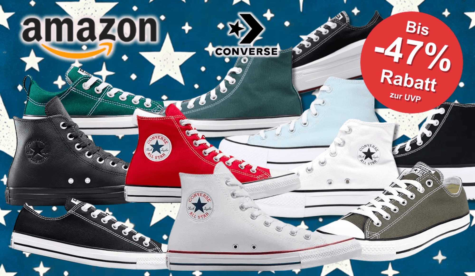Chuck Taylor All Stars in Verschiedenen Farben und Modellen vor einem Hintergrund mit Sternen.