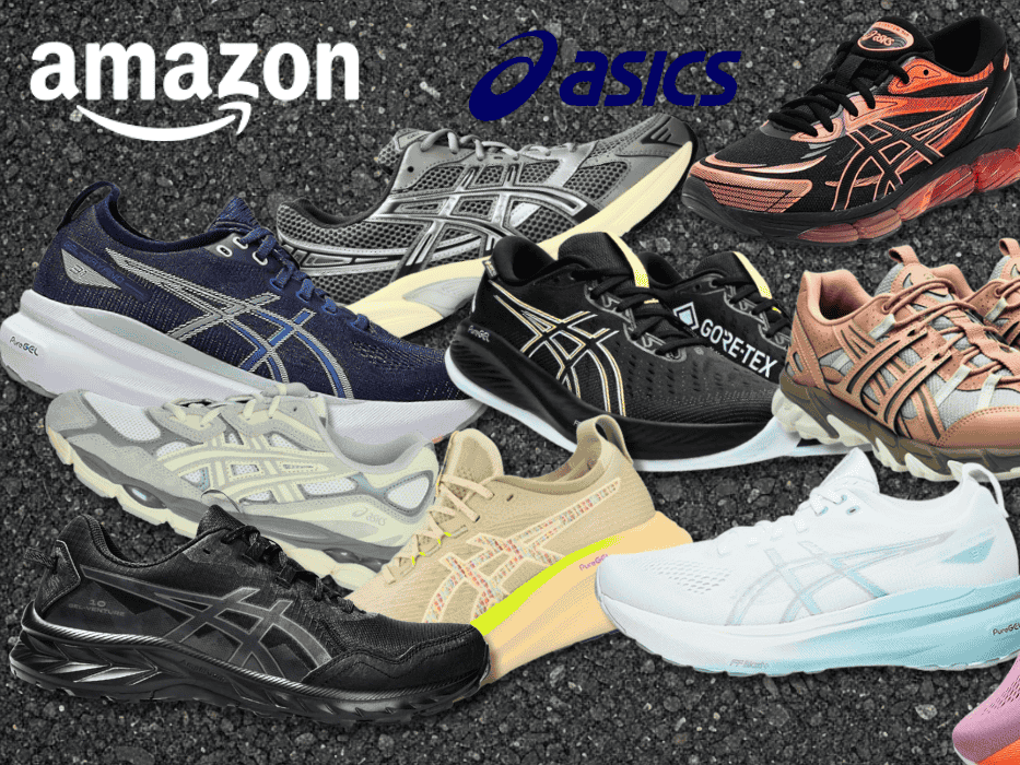 Verschiedene Asics Sneaker vor einem Asphalt Hintergrund