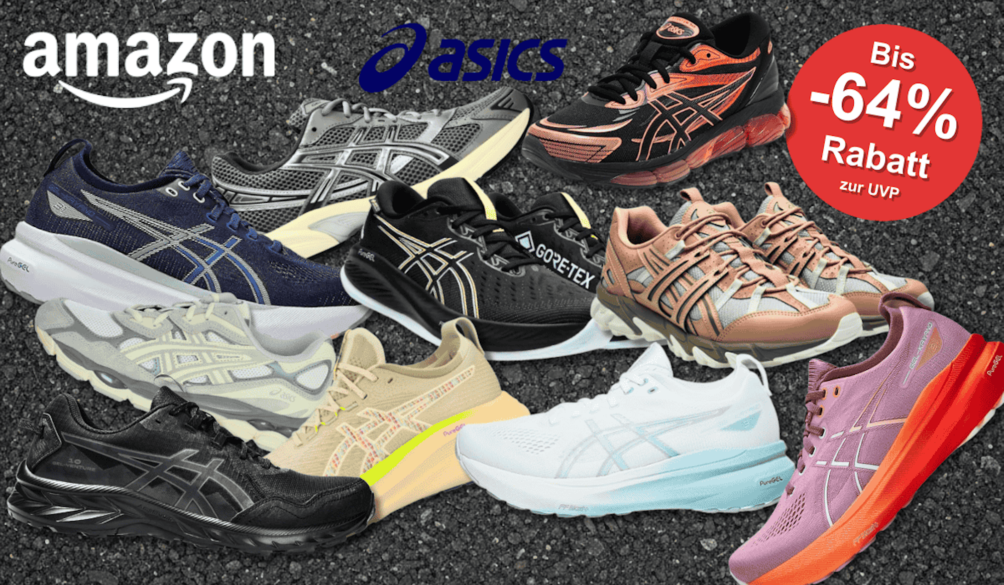 Verschiedene Asics Sneaker vor einem Asphalt Hintergrund