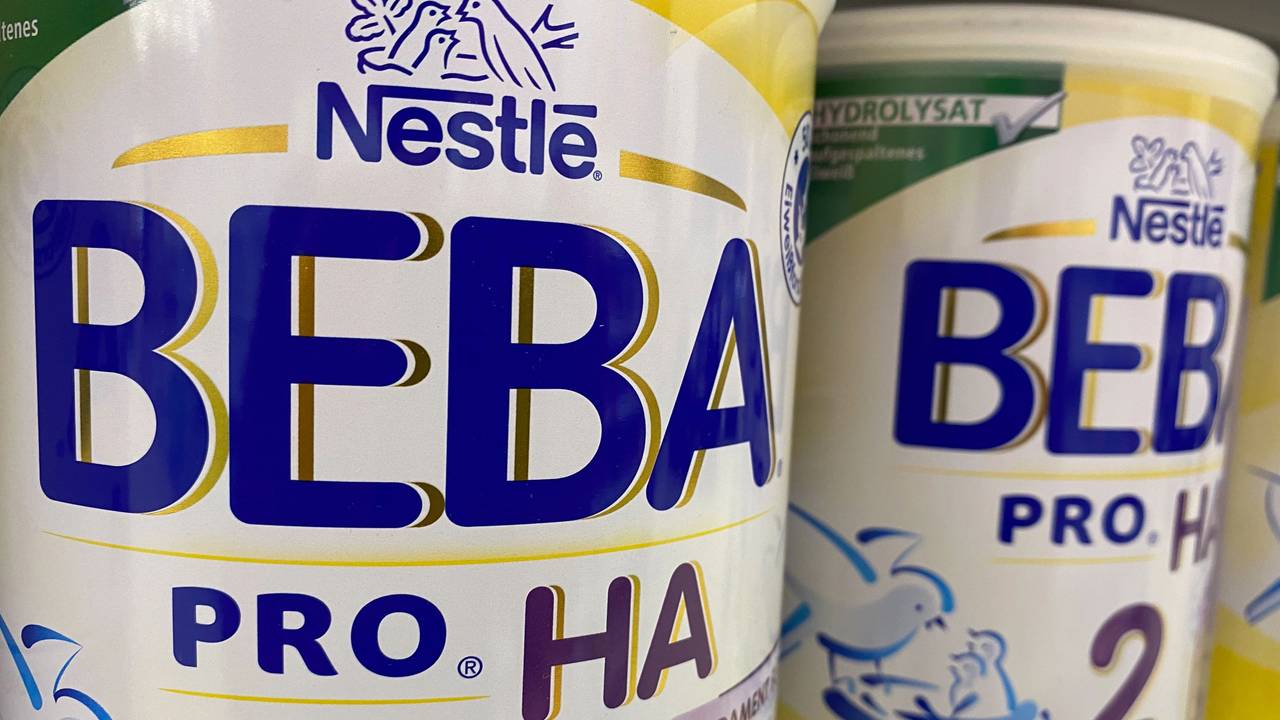 Viersen, Germany - July 9. 2020: View on isolated can nestle beba baby food in shelf of german supermarket (focus on left can)