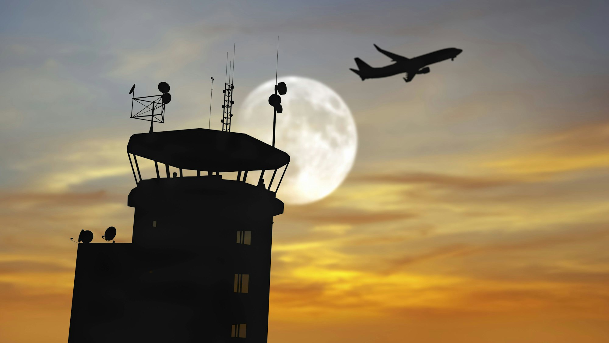 Flugzeug und Flugsicherungsturm vor Vollmond