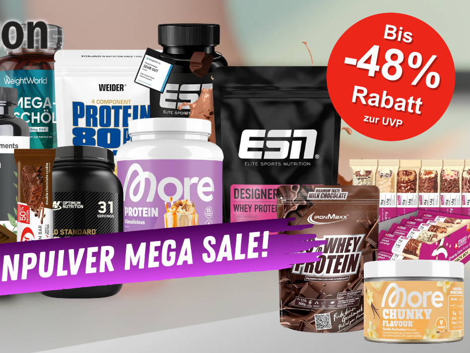 Proteinpulver und Nahrungsergänzungsmittel verschiedener Marken wie ESN, more und mehr.