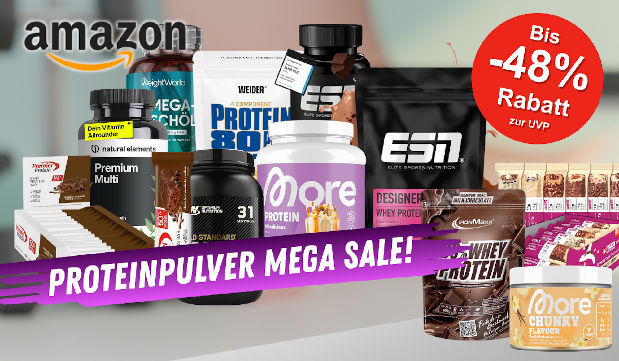 Anordnung von Proteinpulvern und Nahrungsergänzungsmitteln vor einem Hintergrund.