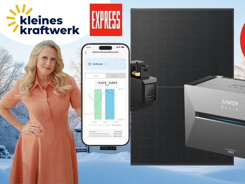 Kleines Kraftwerk Balkonkraftwerk mit Anker Solix 3 Pro Solarbank und Zubehör. Daneben Barbara Schöneberger vor einem verschneiten Winterwald und einem Haus im Hintergrund