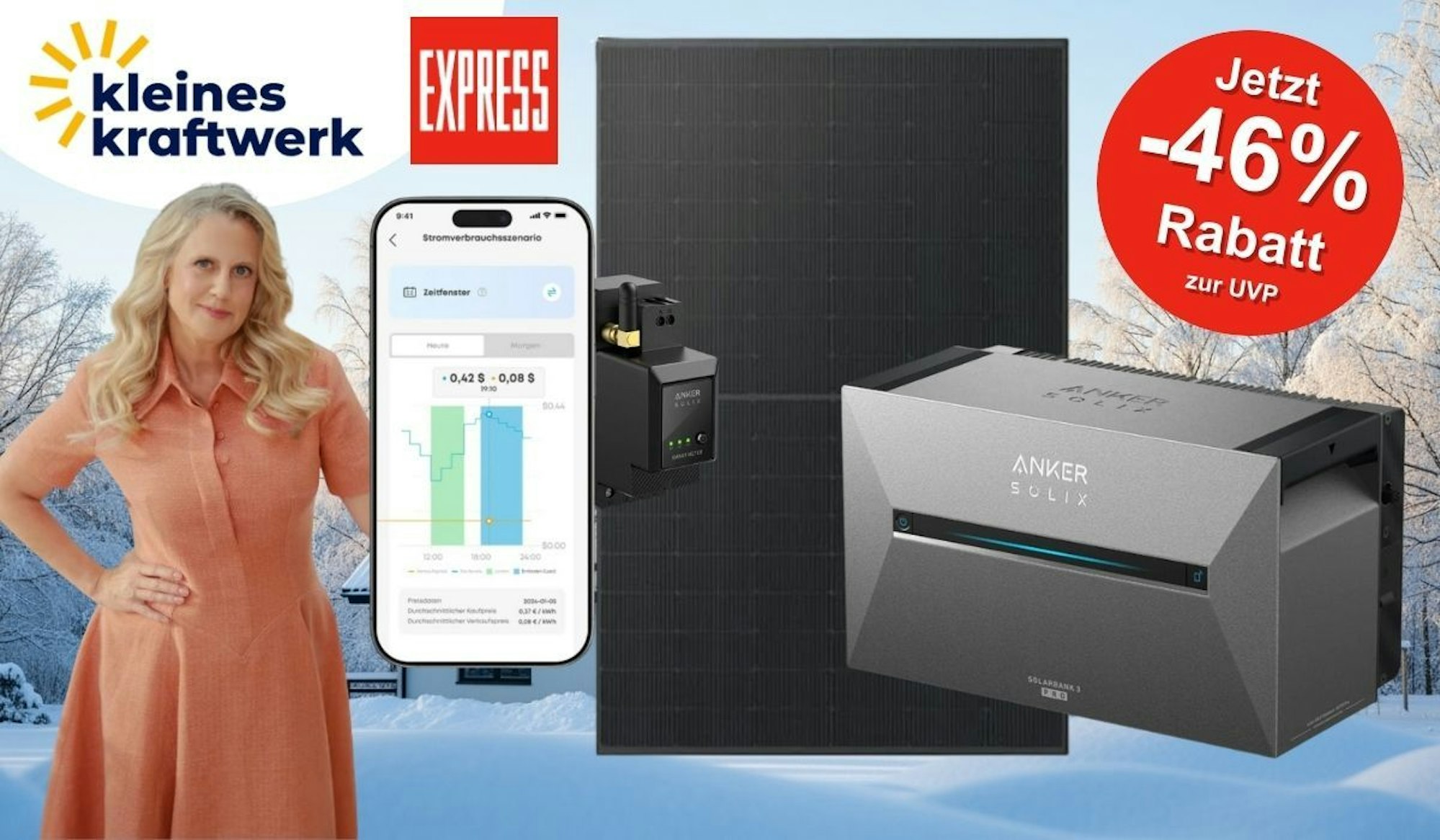 Kleines Kraftwerk Balkonkraftwerk mit Anker Solix 3 Pro Solarbank und Zubehör. Daneben Barbara Schöneberger vor einem verschneiten Winterwald und einem Haus im Hintergrund