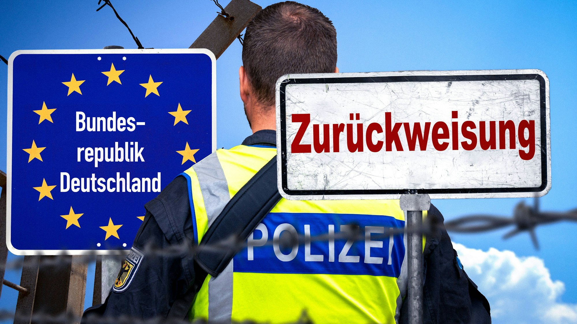 Deutscher Polizist mit Schildern: Deutschland, Zurückweisung