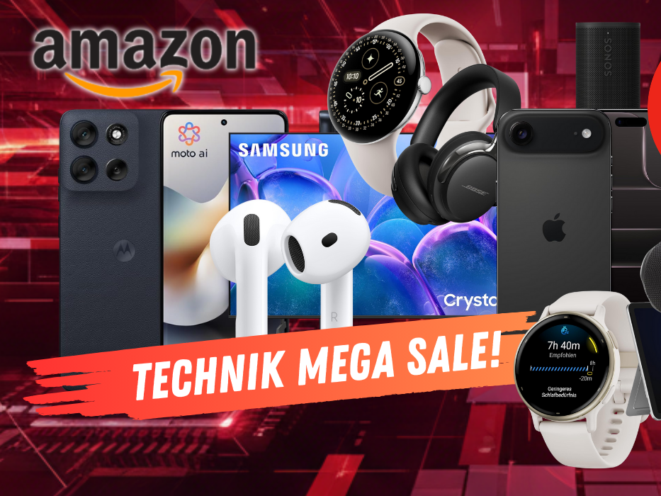 Darstellung verschiedener Technik-Produkte wie Smartphones, Laptop, Fernseher, Kopfhörer, Lautsprecher, Smartwatches und mehr vor einem Hintergrund mit einem roten Muster.
