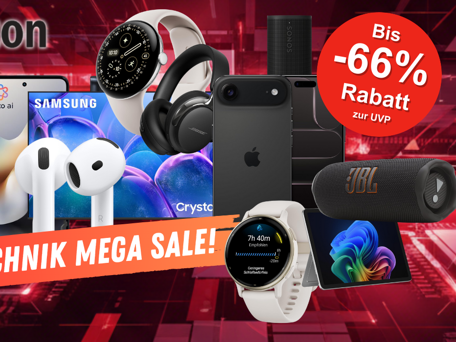 Darstellung verschiedener Technik-Produkte wie Smartphones, Laptop, Fernseher, Kopfhörer, Lautsprecher, Smartwatches und mehr vor einem Hintergrund mit einem roten Muster.
