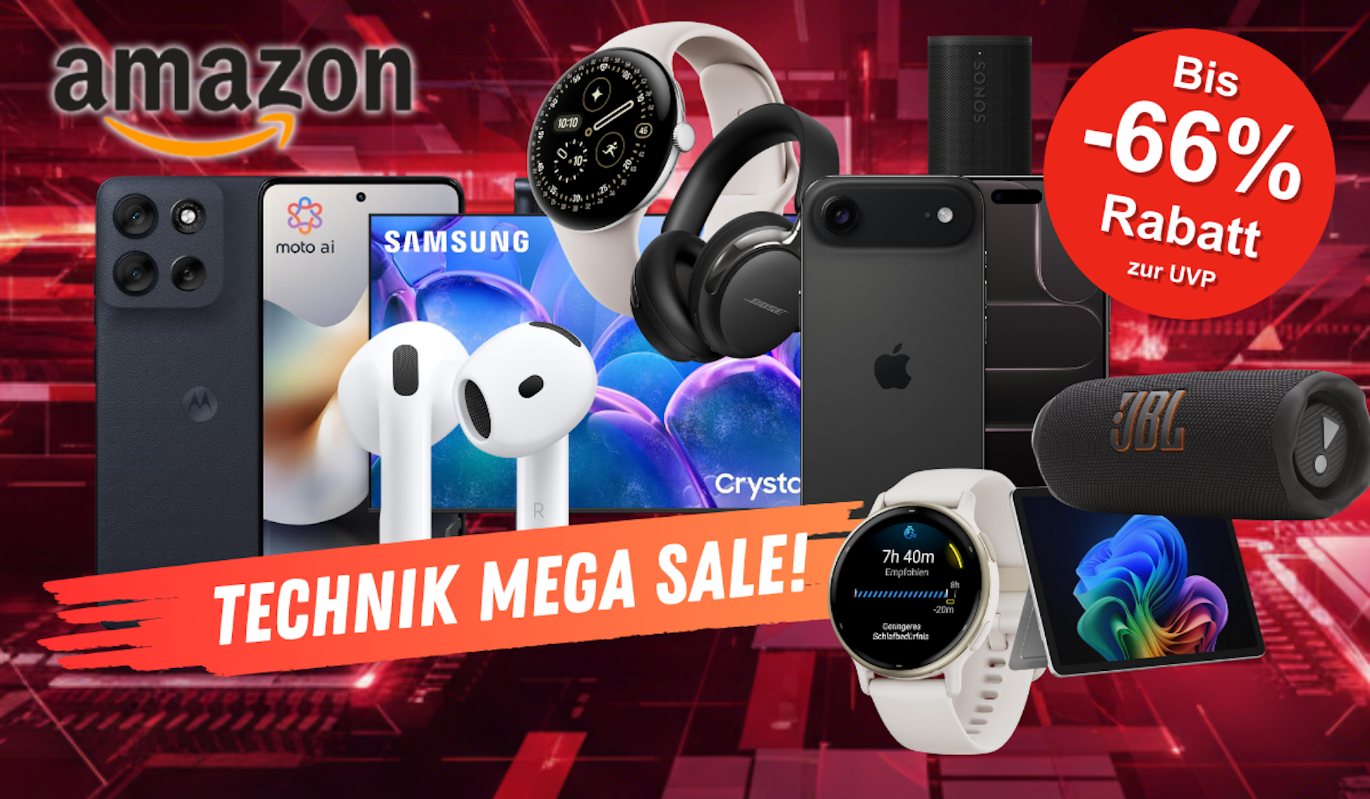 Darstellung verschiedener Technik-Produkte wie Smartphones, Laptop, Fernseher, Kopfhörer, Lautsprecher, Smartwatches und mehr vor einem Hintergrund mit einem roten Muster.