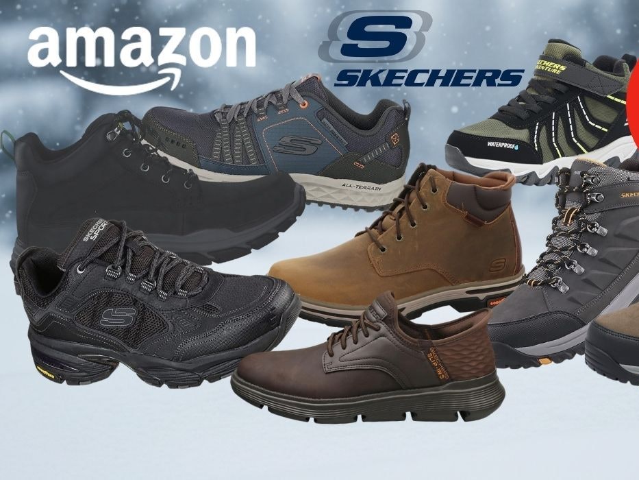 Skechers Herren Winterschuhe und Winterstiefel und Sneaker in verschiedenen Farben und Designs vor einem verschneiten Outdoor Hintergrund.