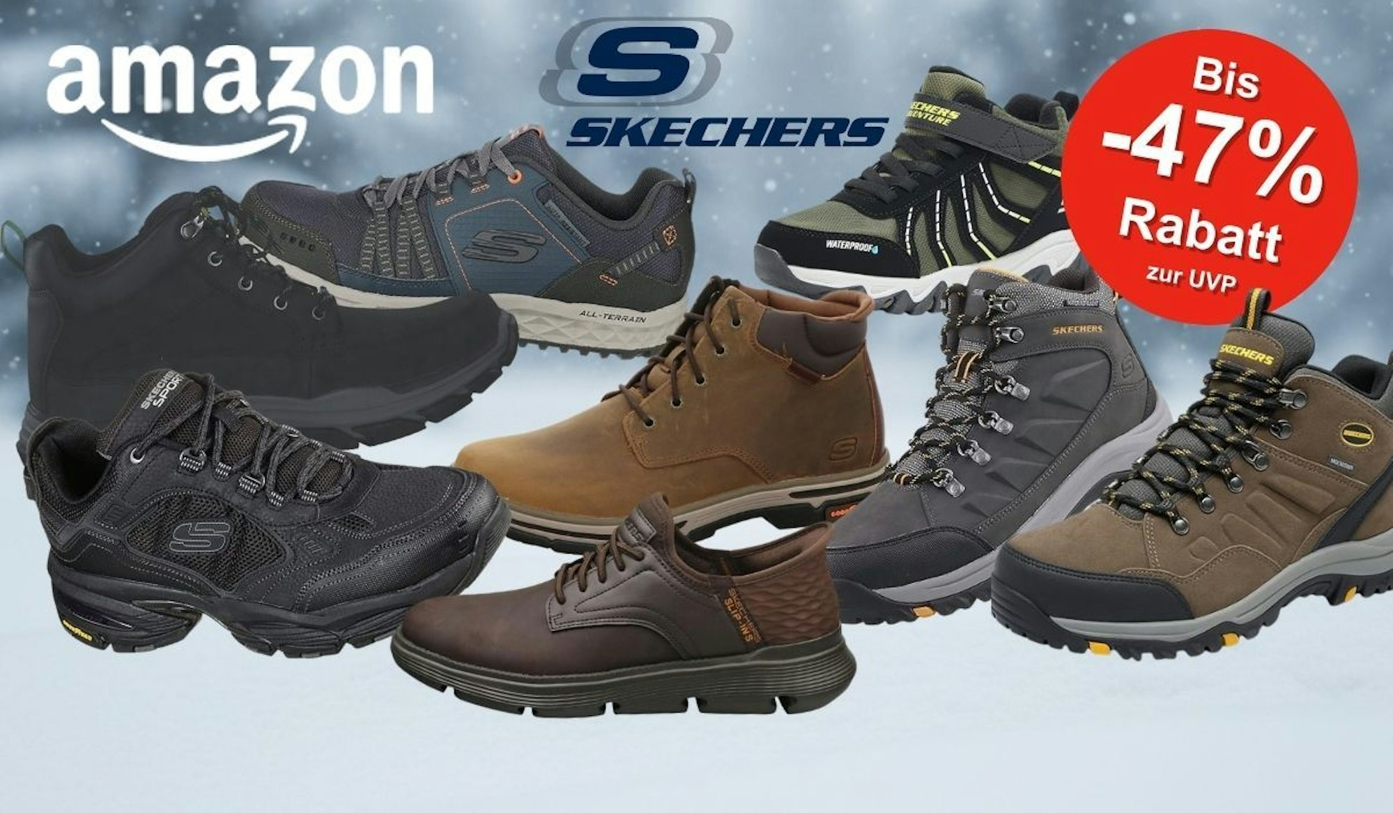 Skechers Herren Winterschuhe und Winterstiefel und Sneaker in verschiedenen Farben und Designs vor einem verschneiten Outdoor Hintergrund.