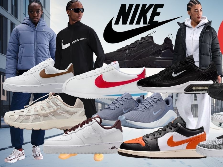 Nike Sneaker und Bekleidung, darunter Modelle wie Shox, Air Max, Air Force 1, Cortez sowie Jacken, Hoodies und Trainingsanzüge vor einem Hintergrund einer urbanen Stadtumgebung an einem kühlen Tag.