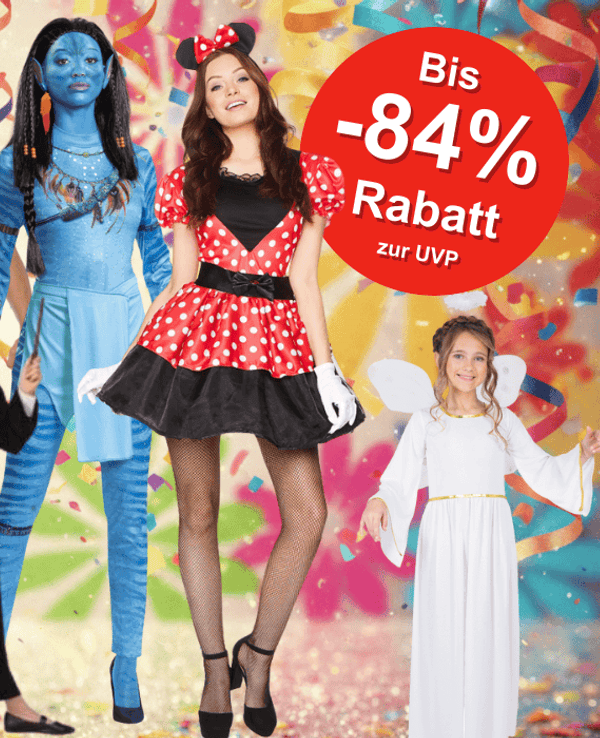 Verschiedene Karnevalskostüme wie Avatar, Super Mario, Minnie Mouse, Tinker Bell, Hippie, Spider Man, Harry Potter und Engel vor einem Party Hintergrund.