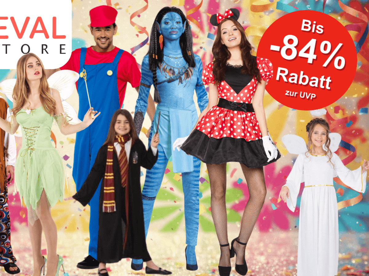 Verschiedene Karnevalskostüme wie Avatar, Super Mario, Minnie Mouse, Tinker Bell, Hippie, Spider Man, Harry Potter und Engel vor einem Party Hintergrund.