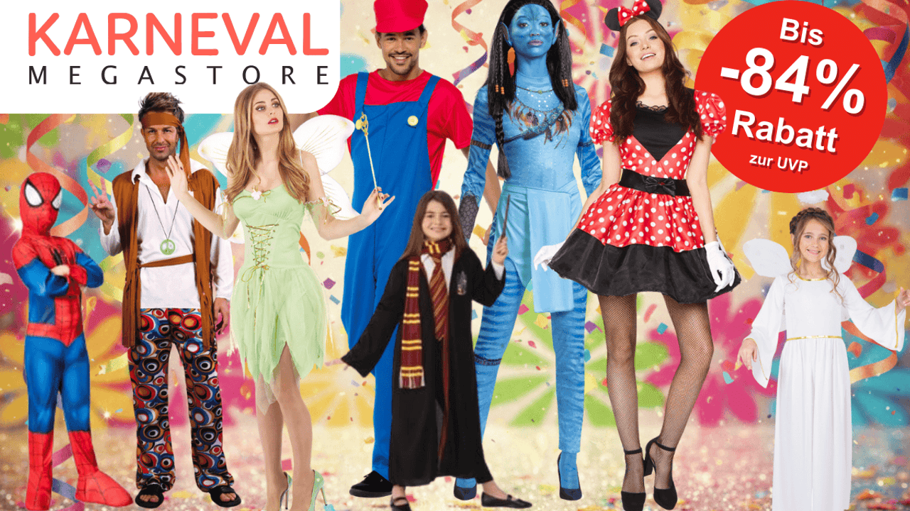 Verschiedene Karnevalskostüme wie Avatar, Super Mario, Minnie Mouse, Tinker Bell, Hippie, Spider Man, Harry Potter und Engel vor einem Party Hintergrund.