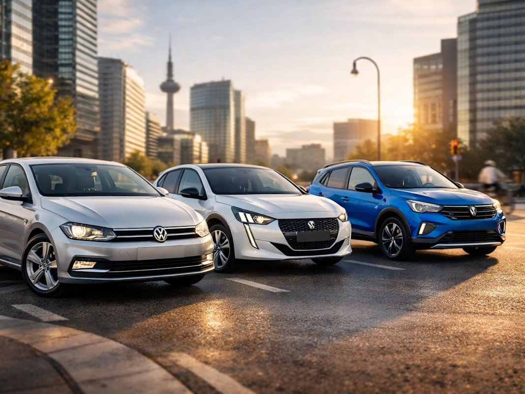 Drei verschiedene Automodelle im Mittelpunkt, draußen auf der Straße