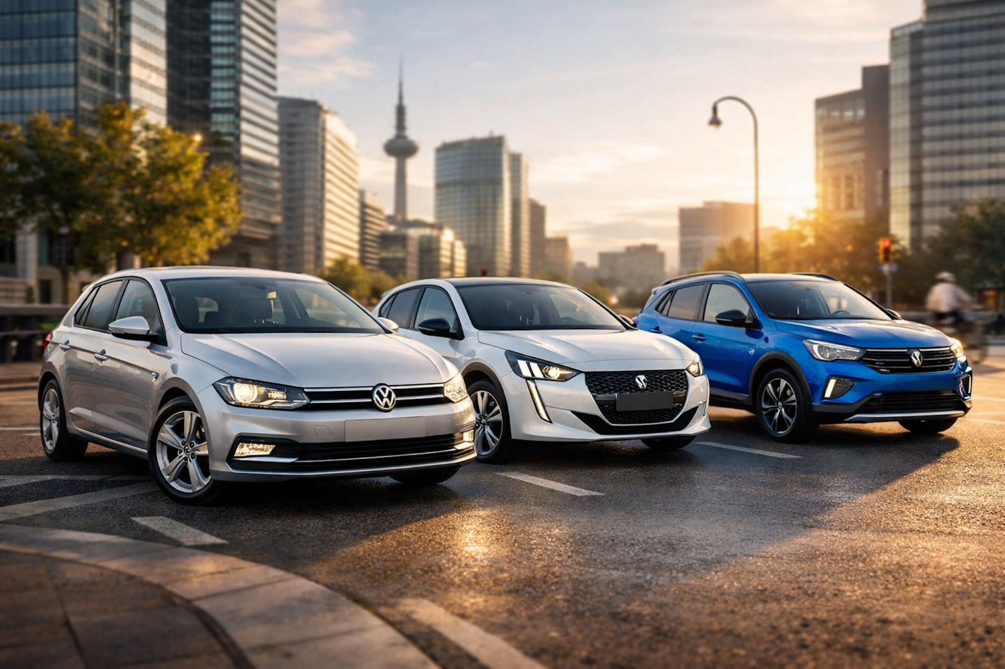 Drei verschiedene Automodelle im Mittelpunkt, draußen auf der Straße