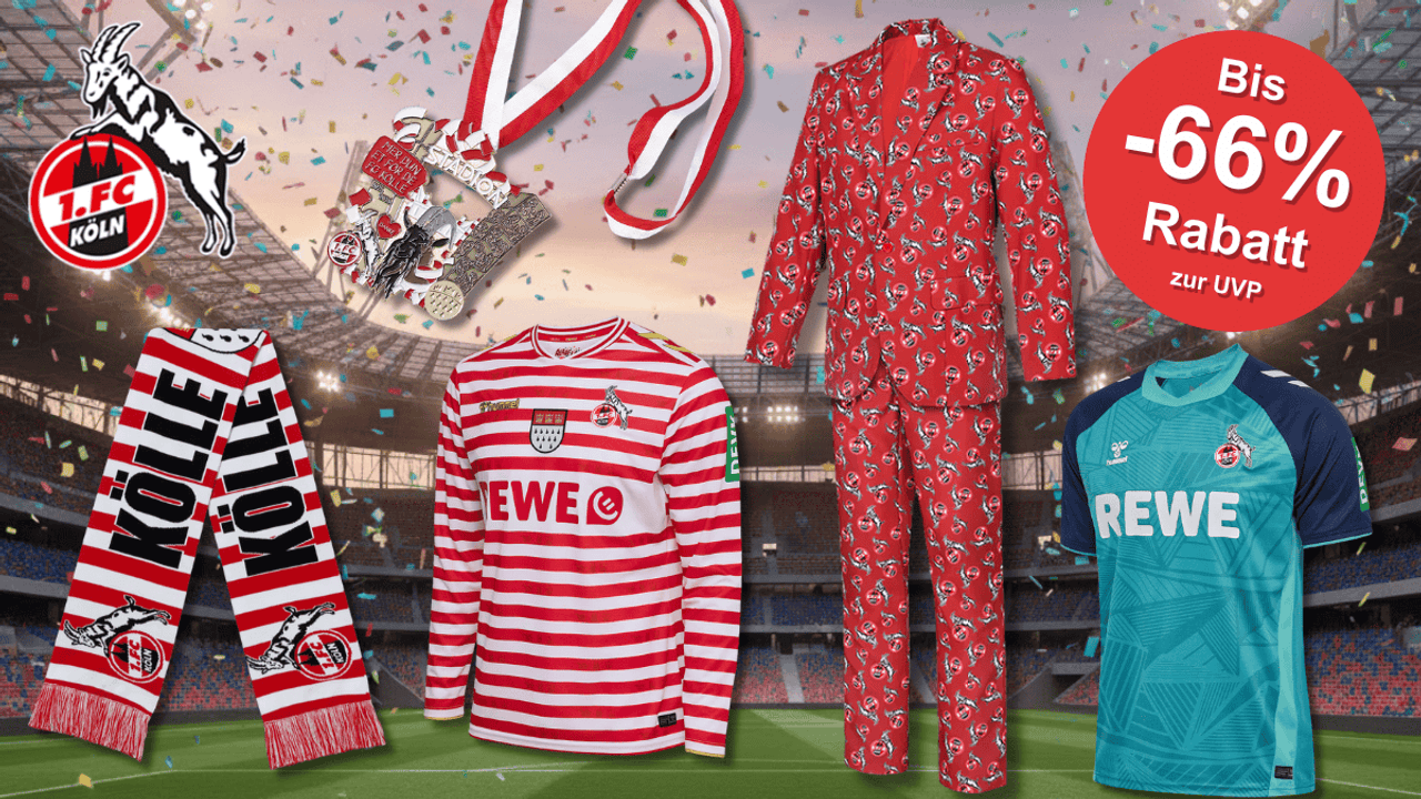 Eine Auswahl von Karnevals-Artikeln und Trikots aus dem FC Fanshop.