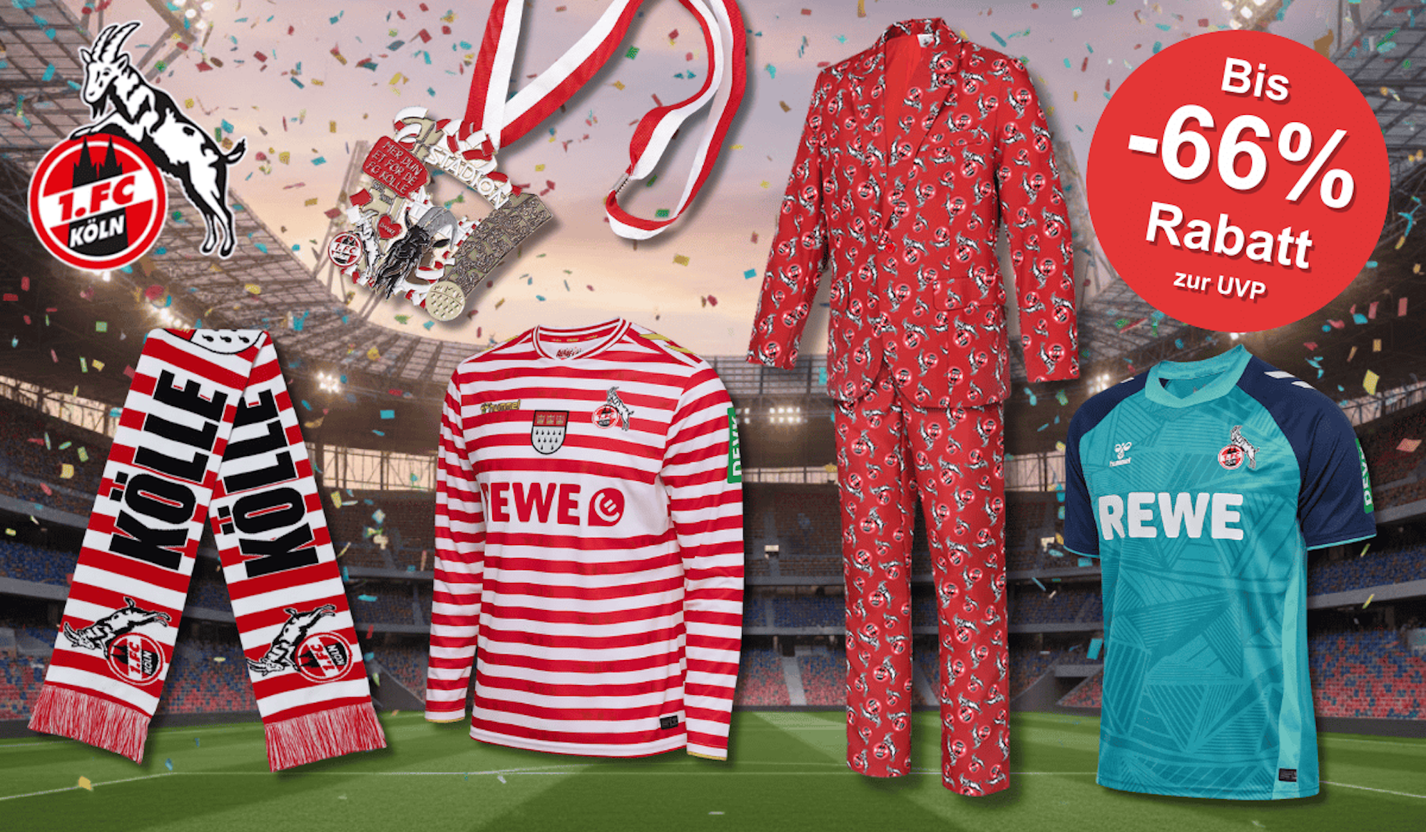 Eine Auswahl von Karnevals-Artikeln und Trikots aus dem FC Fanshop.