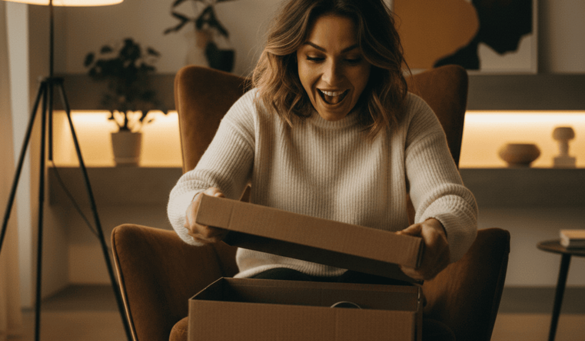 Eine Frau die einen Schuhkarton öffnet