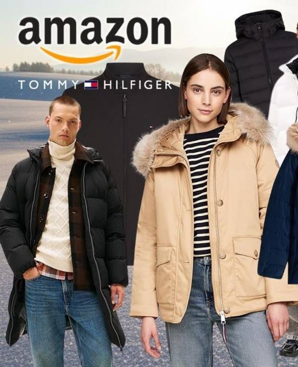 Tommy Hilfiger Winterjacken für Damen und Herren getragen von verschiedenen Models vor einem winterlichen Hintergrund mit Schneelandschaft.