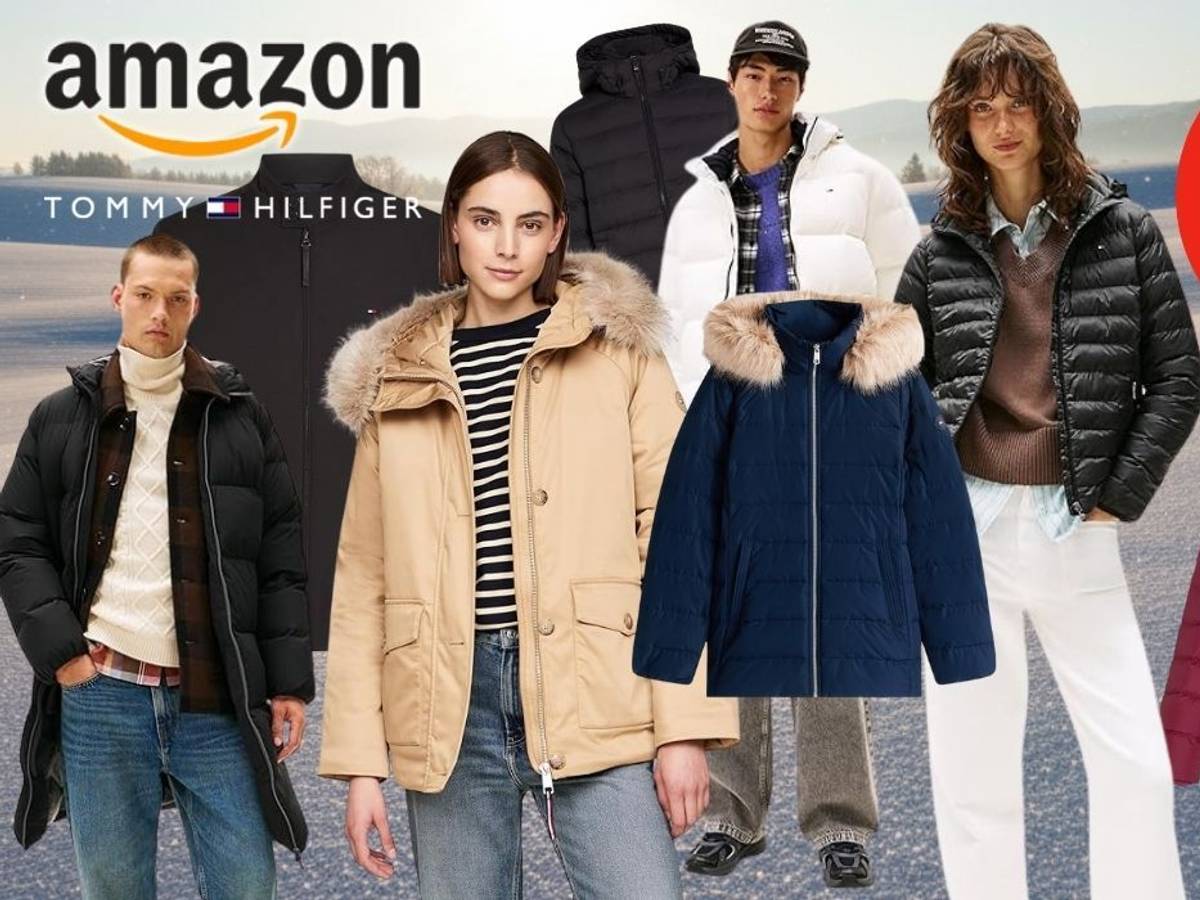 Tommy Hilfiger Winterjacken für Damen und Herren getragen von verschiedenen Models vor einem winterlichen Hintergrund mit Schneelandschaft.