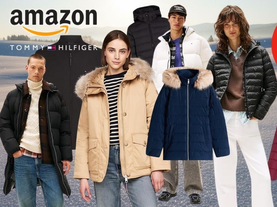 Tommy Hilfiger Winterjacken für Damen und Herren getragen von verschiedenen Models vor einem winterlichen Hintergrund mit Schneelandschaft.