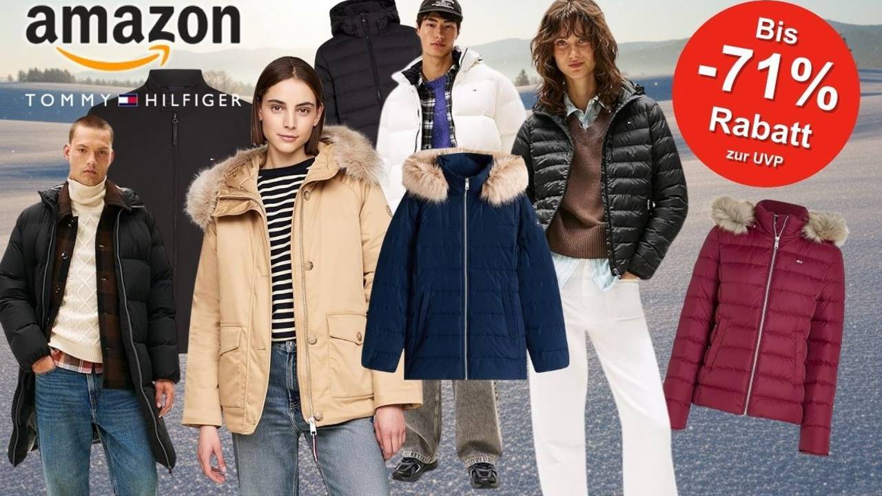 Tommy Hilfiger Winterjacken für Damen und Herren getragen von verschiedenen Models vor einem winterlichen Hintergrund mit Schneelandschaft.