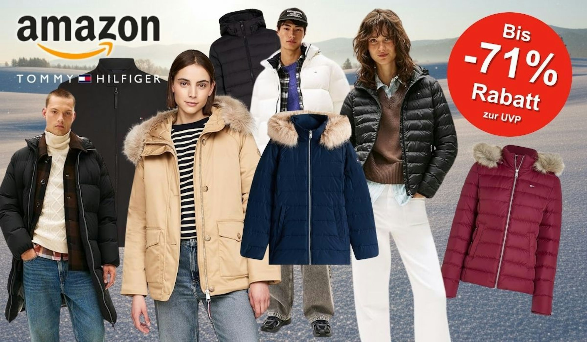 Tommy Hilfiger Winterjacken für Damen und Herren getragen von verschiedenen Models vor einem winterlichen Hintergrund mit Schneelandschaft.