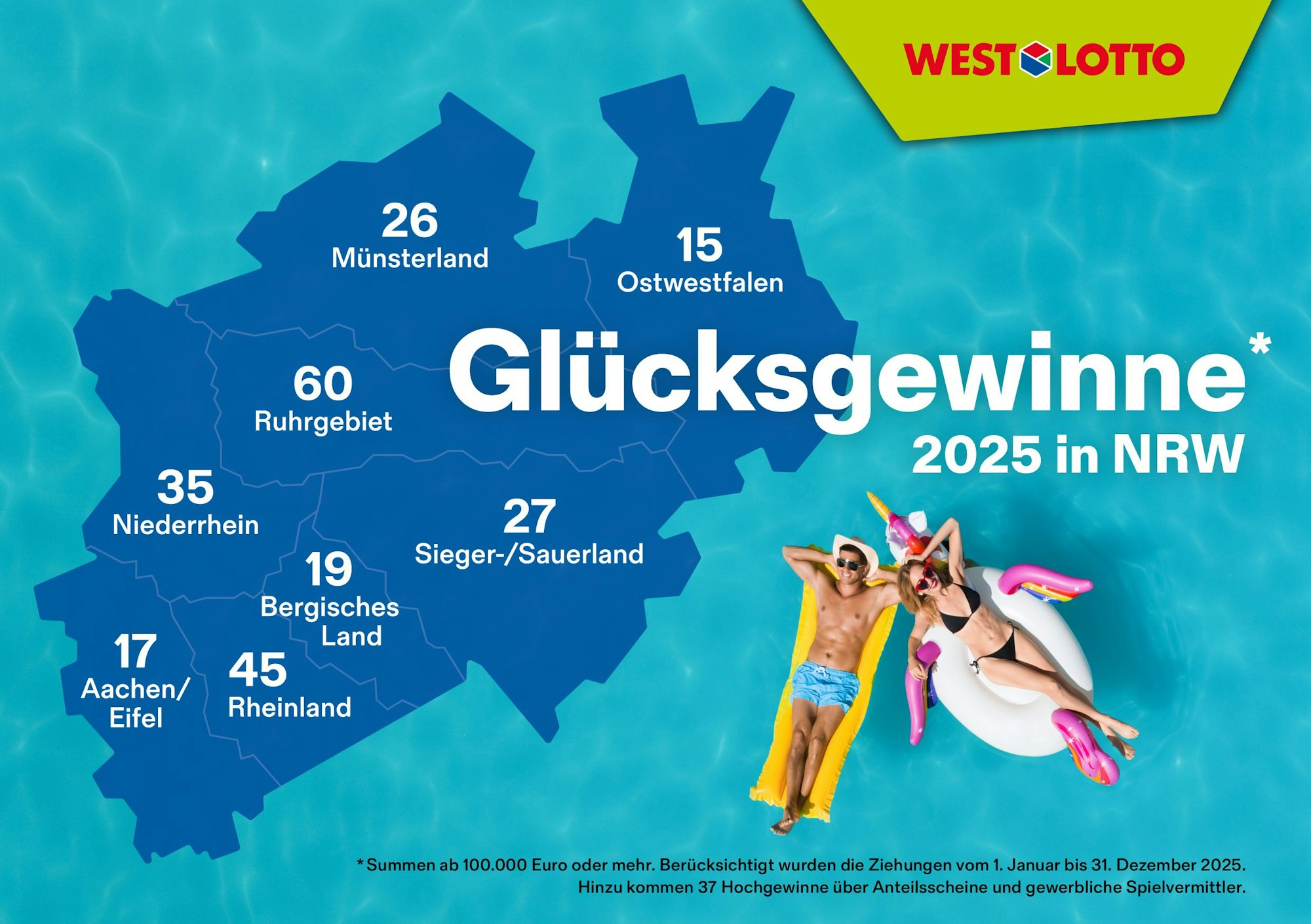 Eine Karte von NRW, die einen Überblick über die WestLotto Hochgewinner im Jahr 2025 gibt.