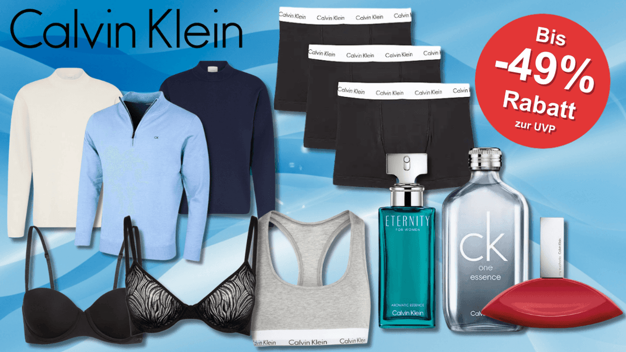Verschiedene Calvin klein Produkte vor einem blauen Hintergrund.