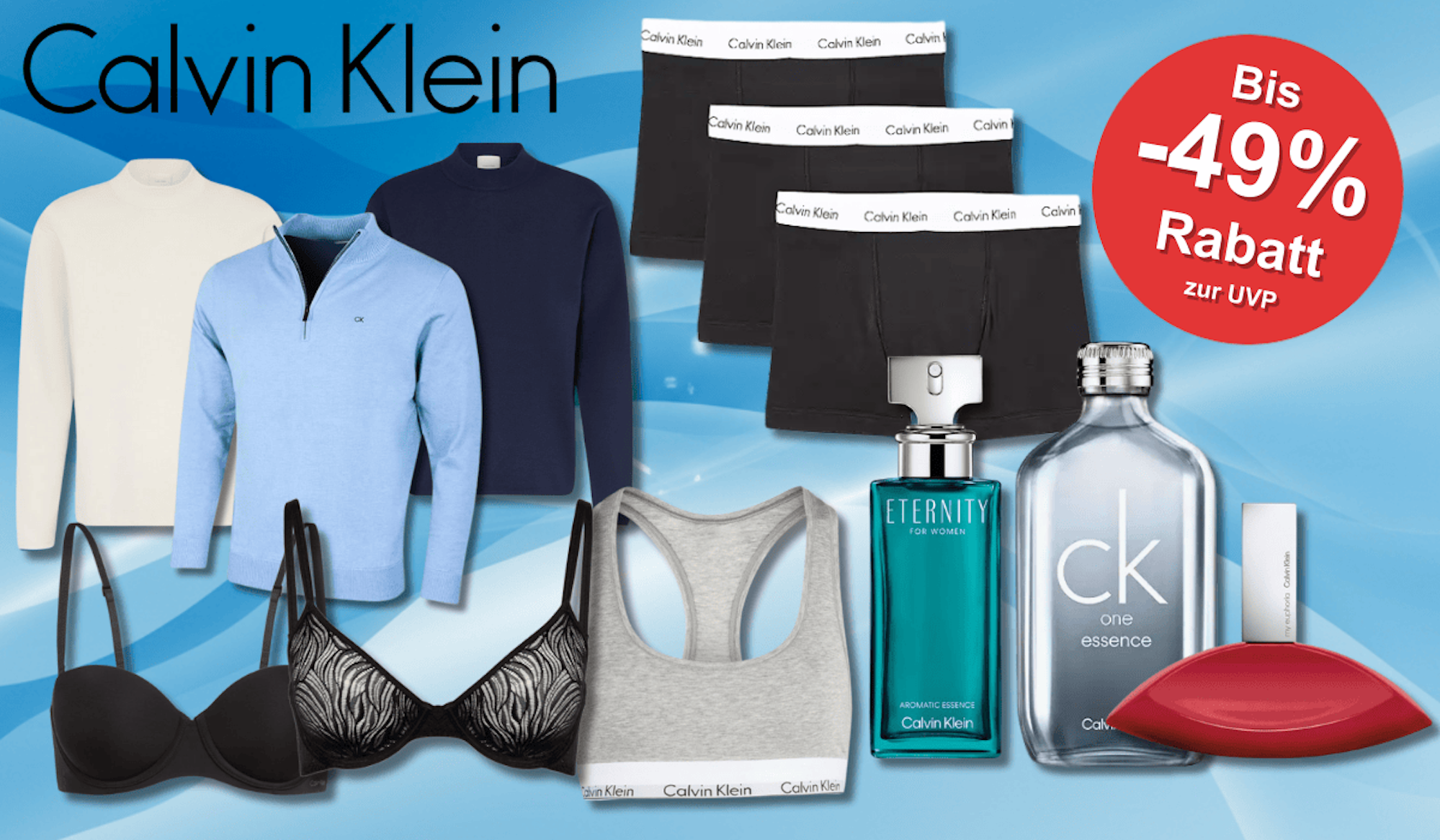 Verschiedene Calvin klein Produkte vor einem blauen Hintergrund.