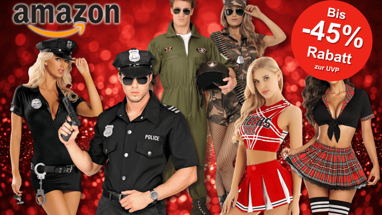 Models die verkleidet sind als Polizist, Polizistin, Militär, Cheerleaderin und Schulmädchen