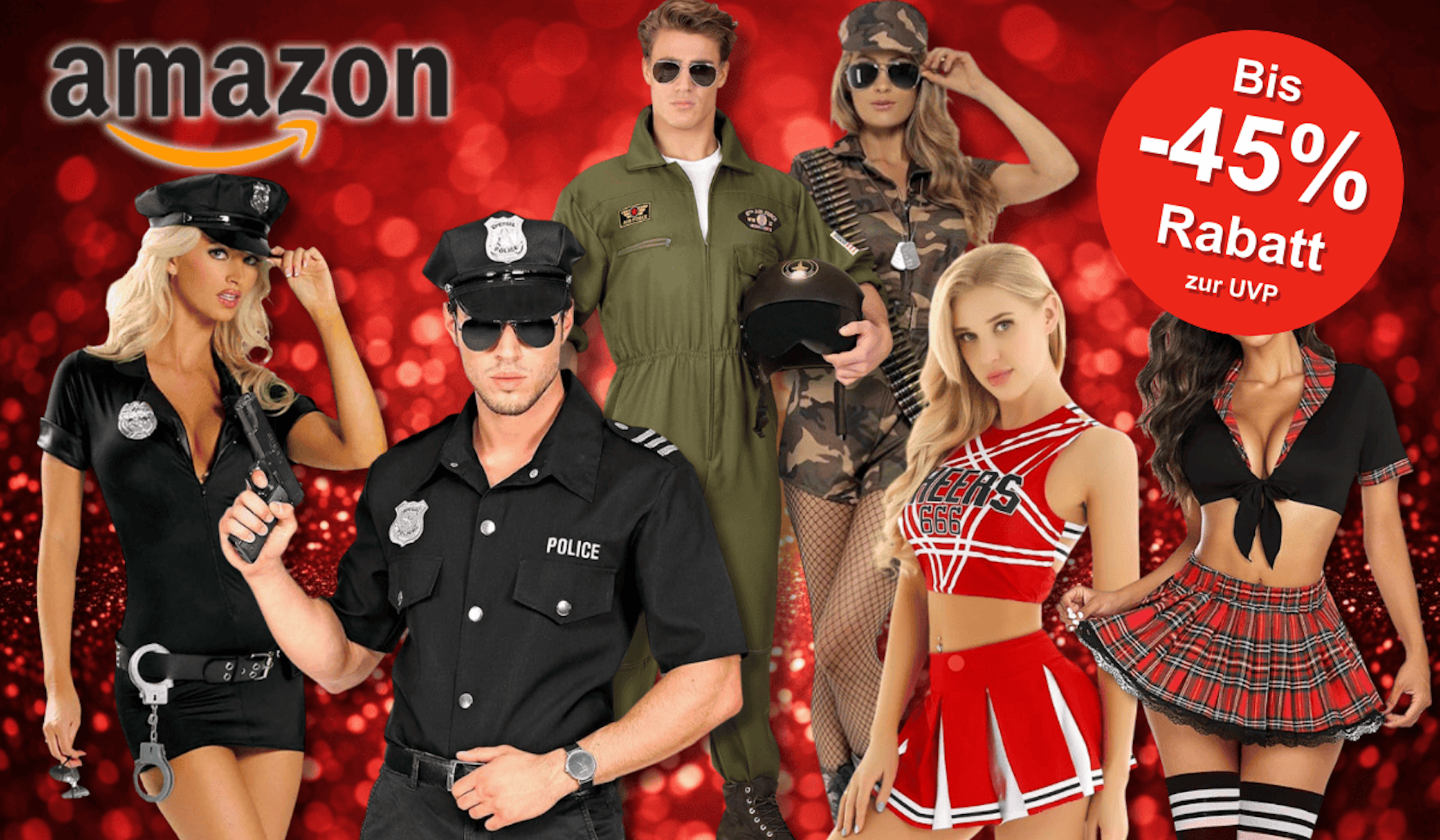 Models die verkleidet sind als Polizist, Polizistin, Militär, Cheerleaderin und Schulmädchen