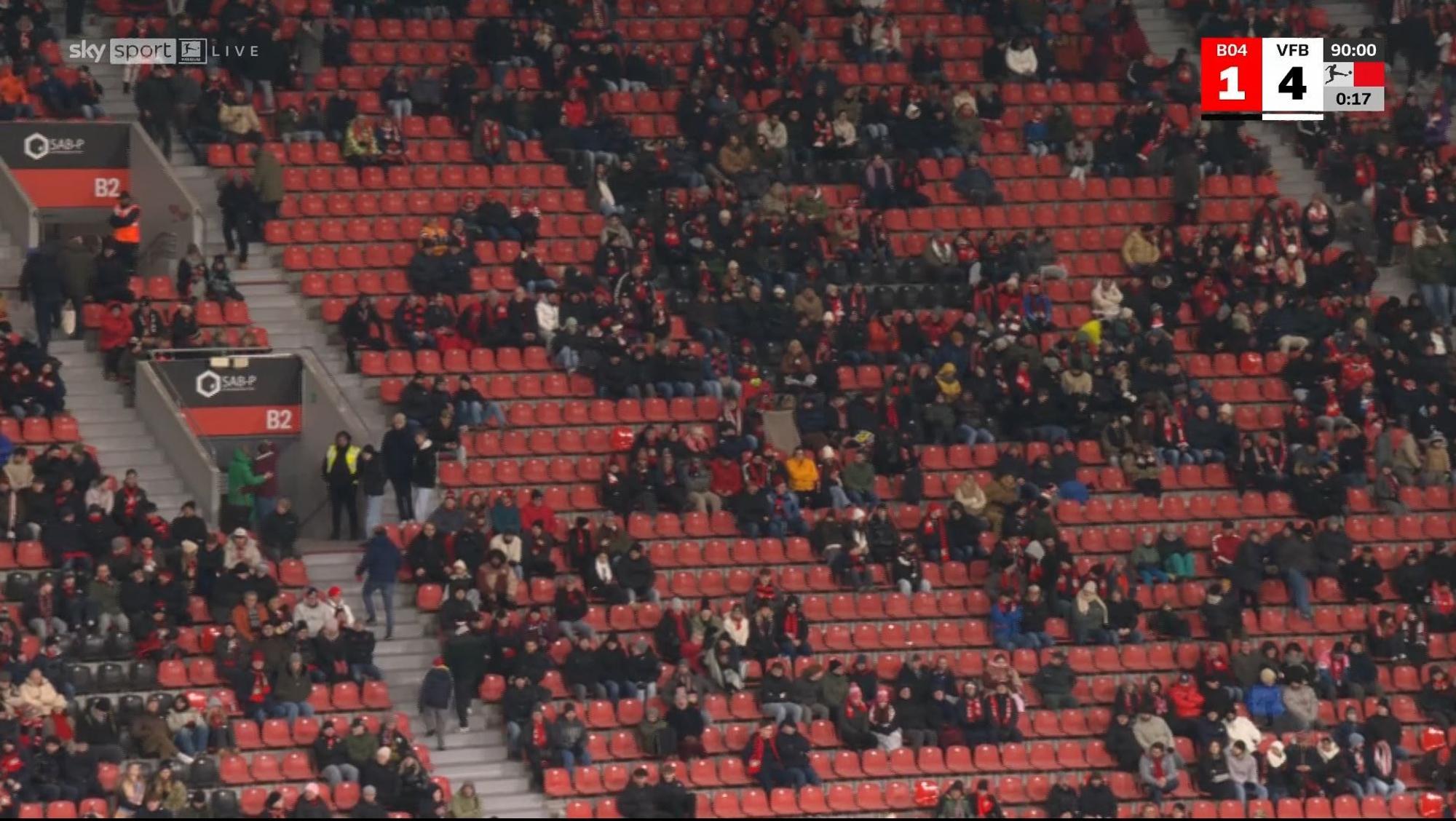 Halbleere Tribüne beim Spiel von Bayer Leverkusen gegen den VfB Stuttgart.