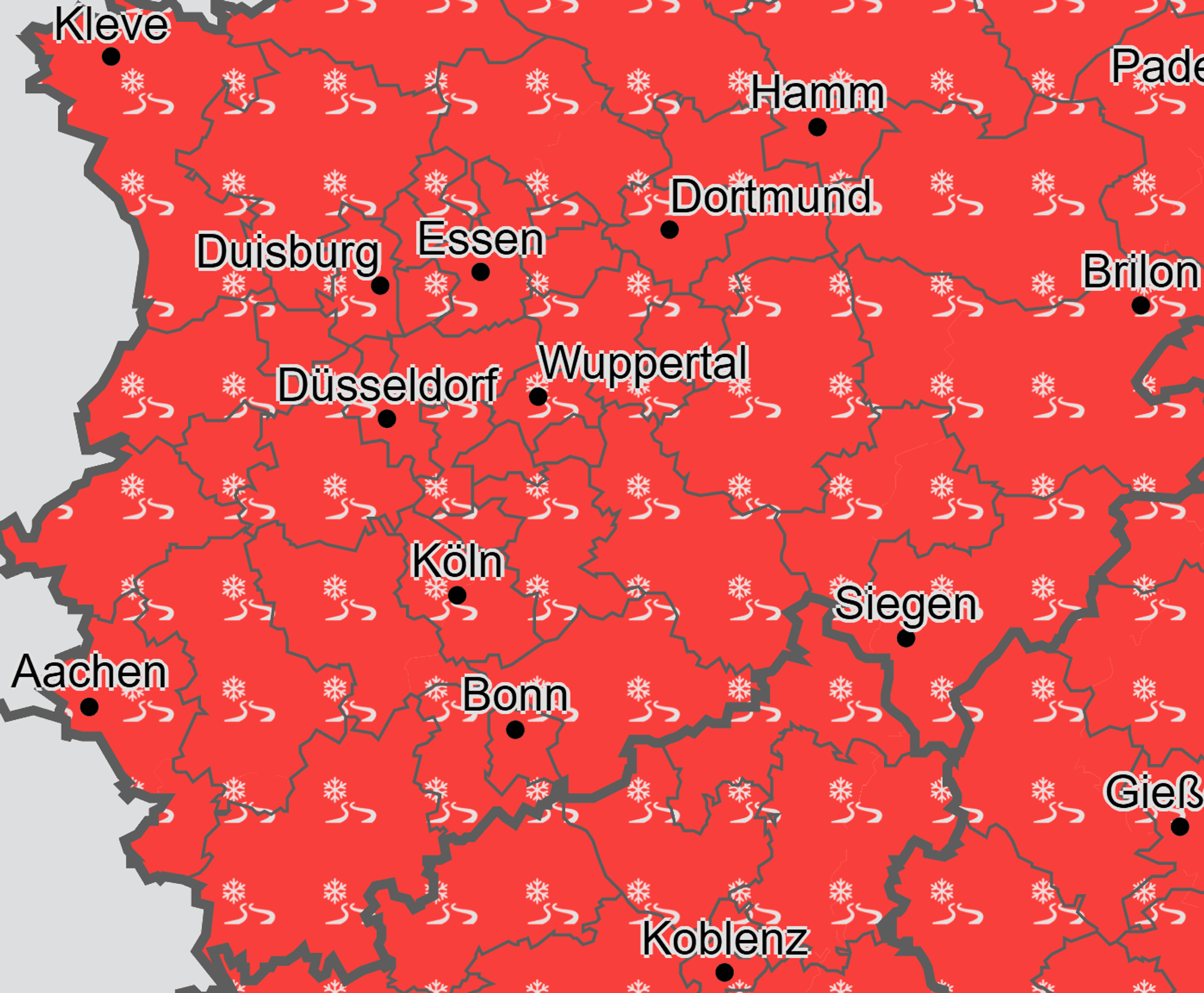 Für ganz NRW warnt der Deutsche Wetterdienst am Sonntagabend vor einer hohen Glättegefahr durch gefrierenden Regen und Eisansatz.
