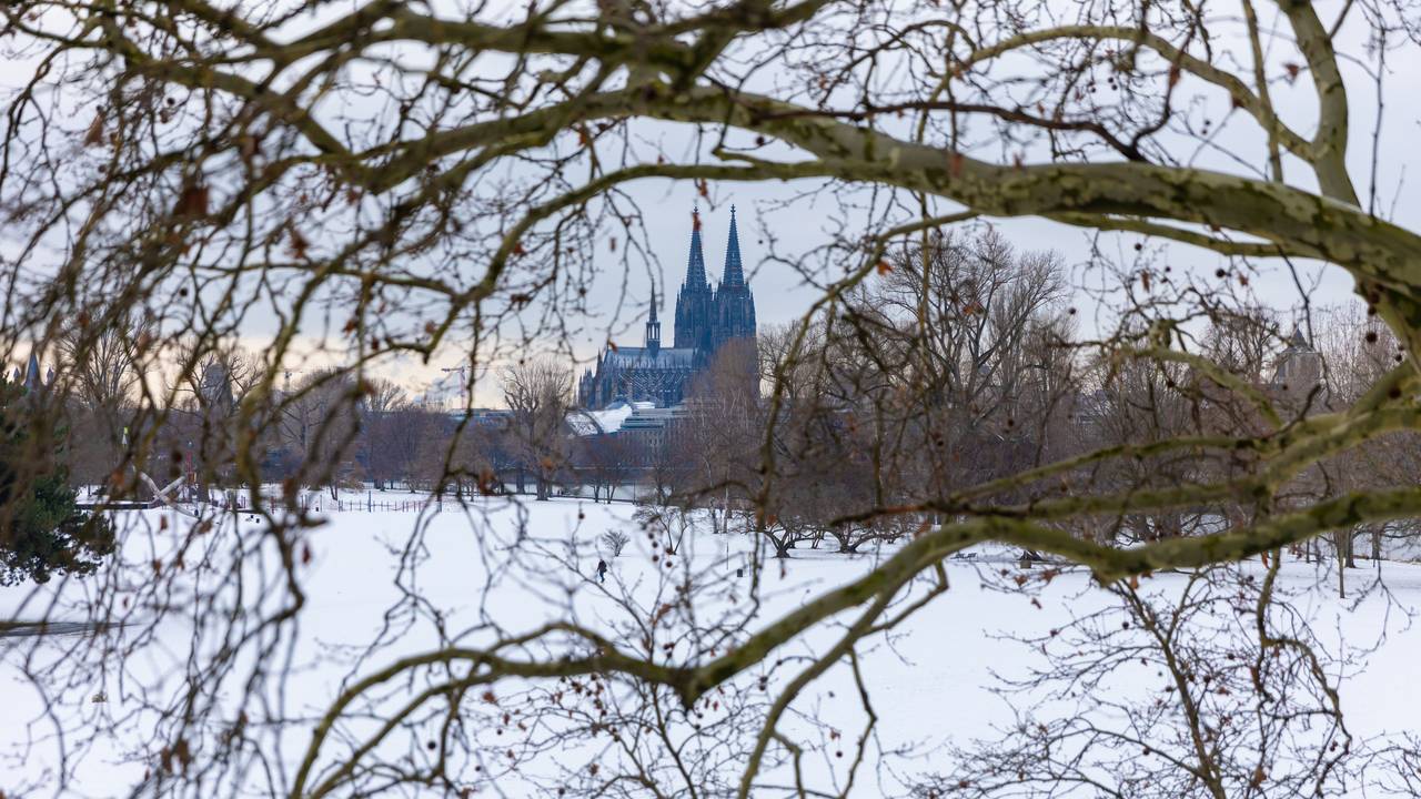 Der Kölner Dom – im Vordergrund die schneebedeckten Wiesen des Rheinparks.