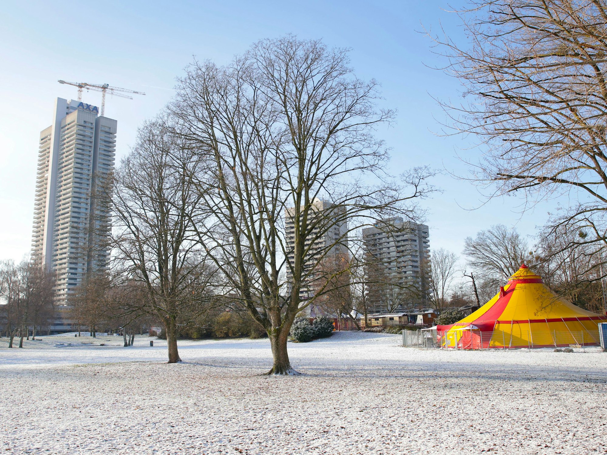Winter am Rheinufer auf Höhe des Axa-Hochhauses.