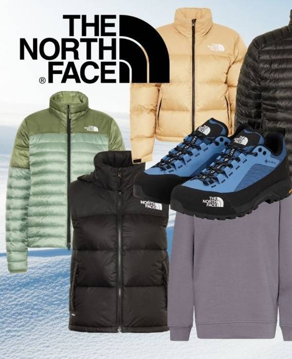 The North Face Winterjacken, Hoodies, Pullover, Schuhe und Accessoires in verschiedenen Farben vor winterlichem Hintergrund, mit Hinweis auf den Rabatt im Sale.