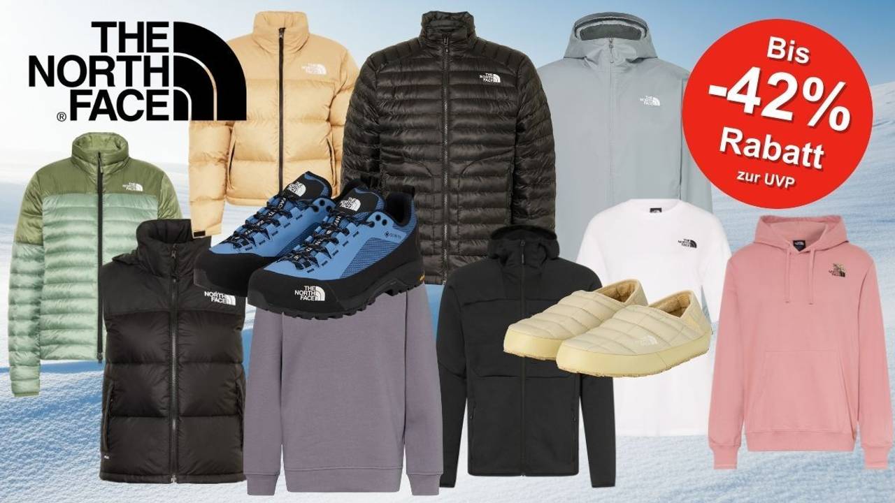 The North Face Winterjacken, Hoodies, Pullover, Schuhe und Accessoires in verschiedenen Farben vor winterlichem Hintergrund, mit Hinweis auf den Rabatt im Sale.