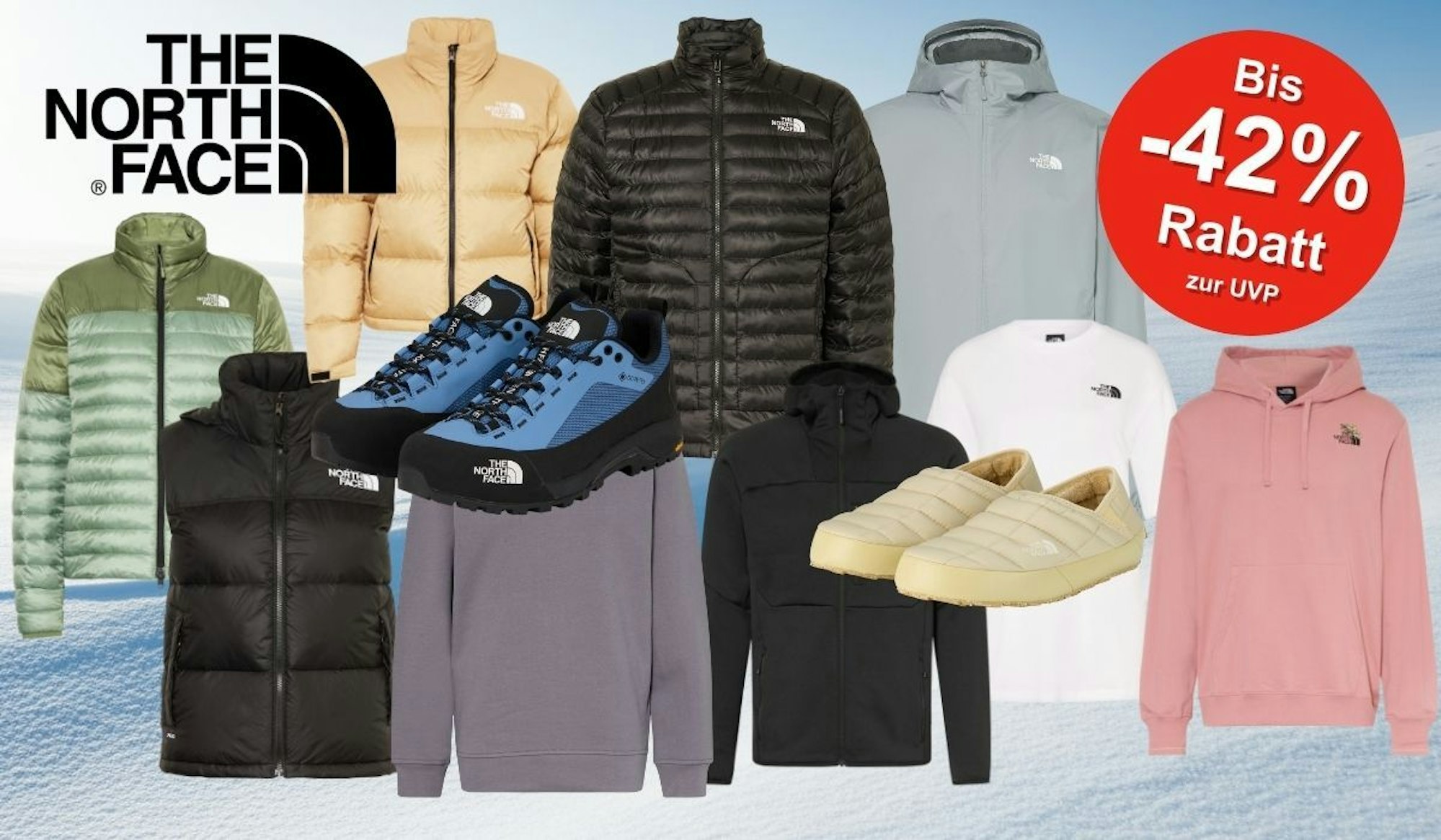 The North Face Winterjacken, Hoodies, Pullover, Schuhe und Accessoires in verschiedenen Farben vor winterlichem Hintergrund, mit Hinweis auf den Rabatt im Sale.