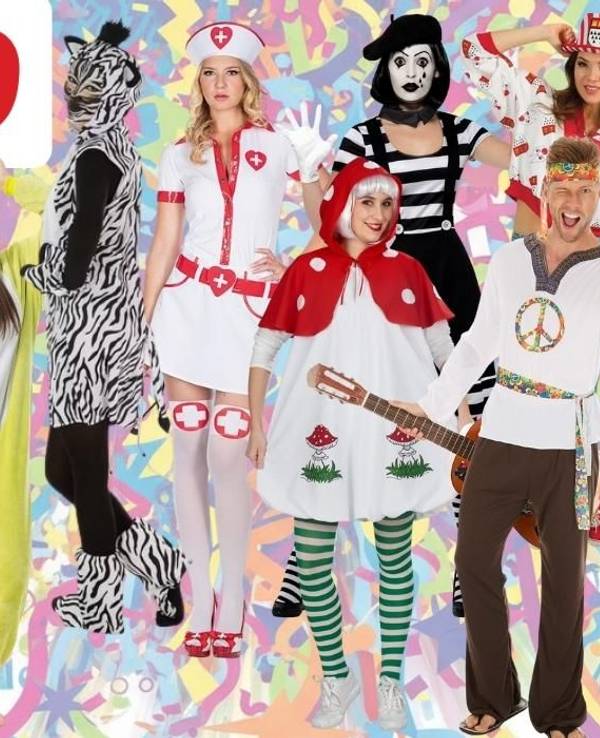 Viele verschiedene Kostüme zum Karneval und Fasching, darunter Pinguin, Teufelin, Hippie, Fliegenpilz, Pantomimin, Krankenschwester, Zebra vor einem bunten Hintergrund mit Konfetti und Luftschlangen.