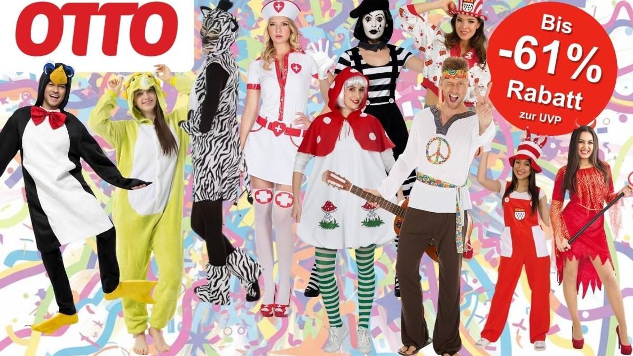 Viele verschiedene Kostüme zum Karneval und Fasching, darunter Pinguin, Teufelin, Hippie, Fliegenpilz, Pantomimin, Krankenschwester, Zebra vor einem bunten Hintergrund mit Konfetti und Luftschlangen.