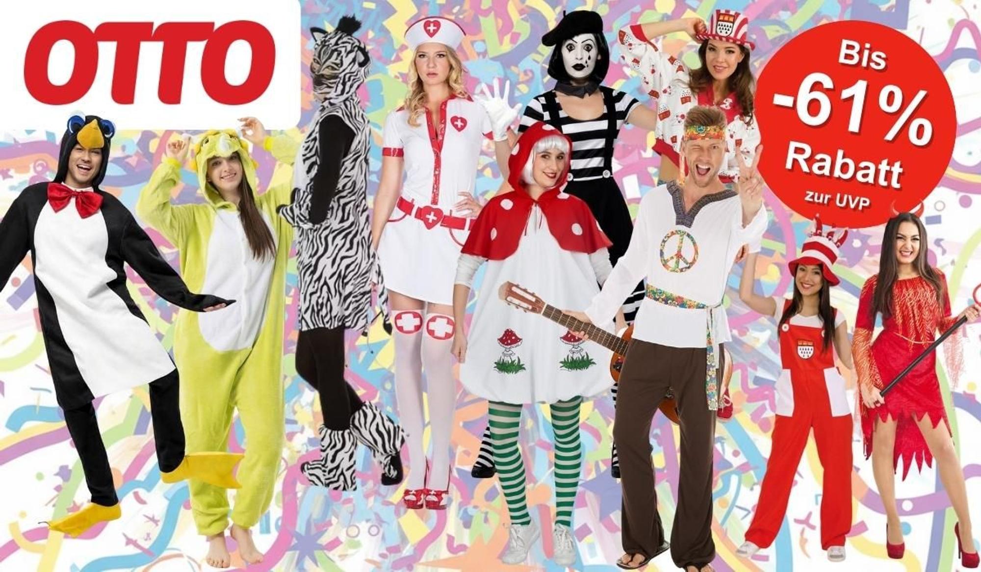 Viele verschiedene Kostüme zum Karneval und Fasching, darunter Pinguin, Teufelin, Hippie, Fliegenpilz, Pantomimin, Krankenschwester, Zebra vor einem bunten Hintergrund mit Konfetti und Luftschlangen.