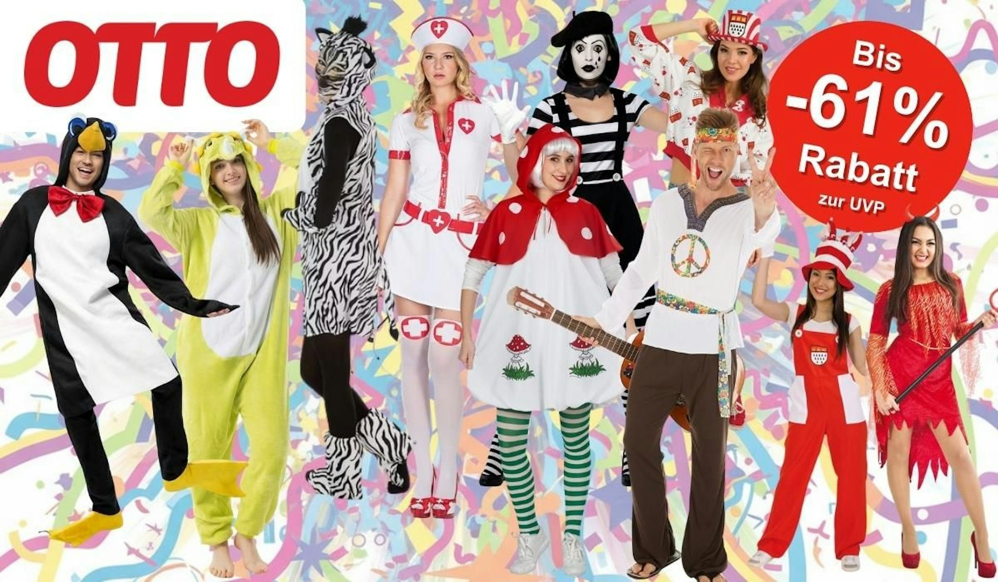 Viele verschiedene Kostüme zum Karneval und Fasching, darunter Pinguin, Teufelin, Hippie, Fliegenpilz, Pantomimin, Krankenschwester, Zebra vor einem bunten Hintergrund mit Konfetti und Luftschlangen.